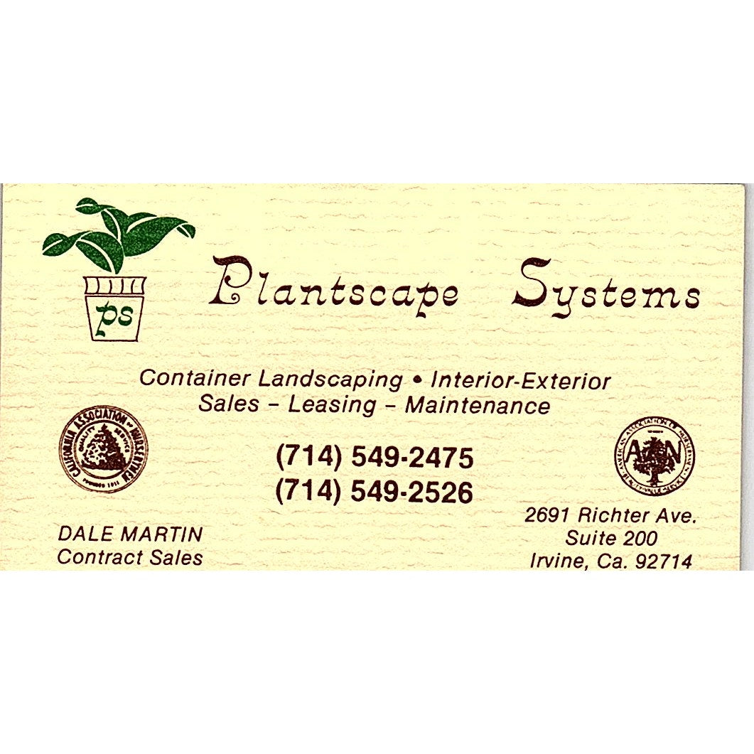 Plantscape Systems Sales Dale Martin Irvine CA Vintage Business Card SSB4-B13