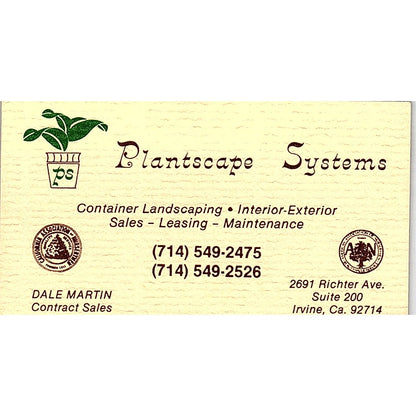 Plantscape Systems Sales Dale Martin Irvine CA Vintage Business Card SSB4-B13