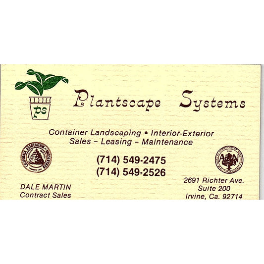 Plantscape Systems Sales Dale Martin Irvine CA Vintage Business Card SSB4-B13