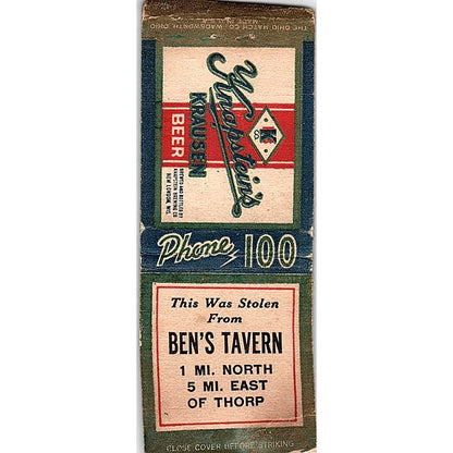 Ben's Tavern Thorp WI Vintage Matchbook Cover SC7-Y5