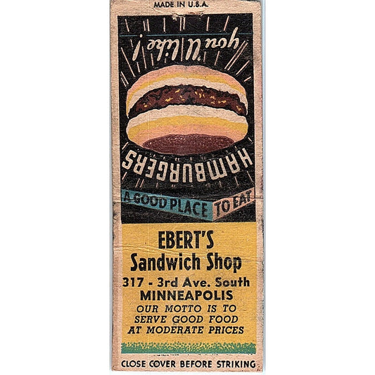 Ebert's Sandwich Shop Minneapolis Vintage Matchbook Cover SF3-Y7