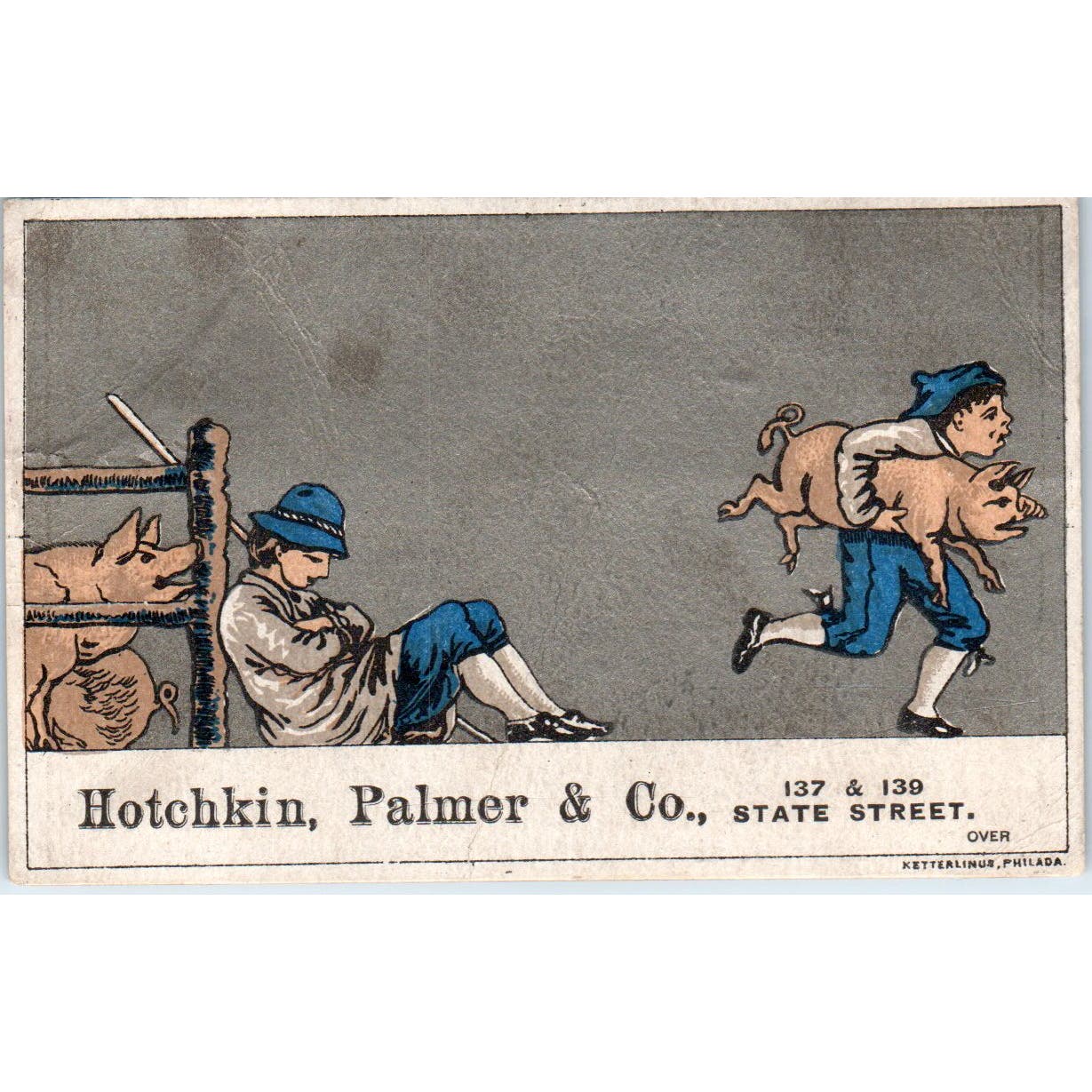 Hotchkin, Palmer & Co Hats Boys With Pigs c1880 Victorian Trade Card AE2