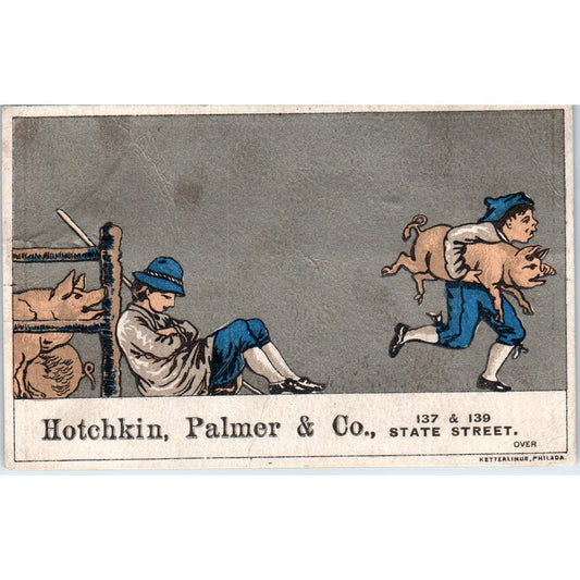 Hotchkin, Palmer & Co Hats Boys With Pigs c1880 Victorian Trade Card AE2