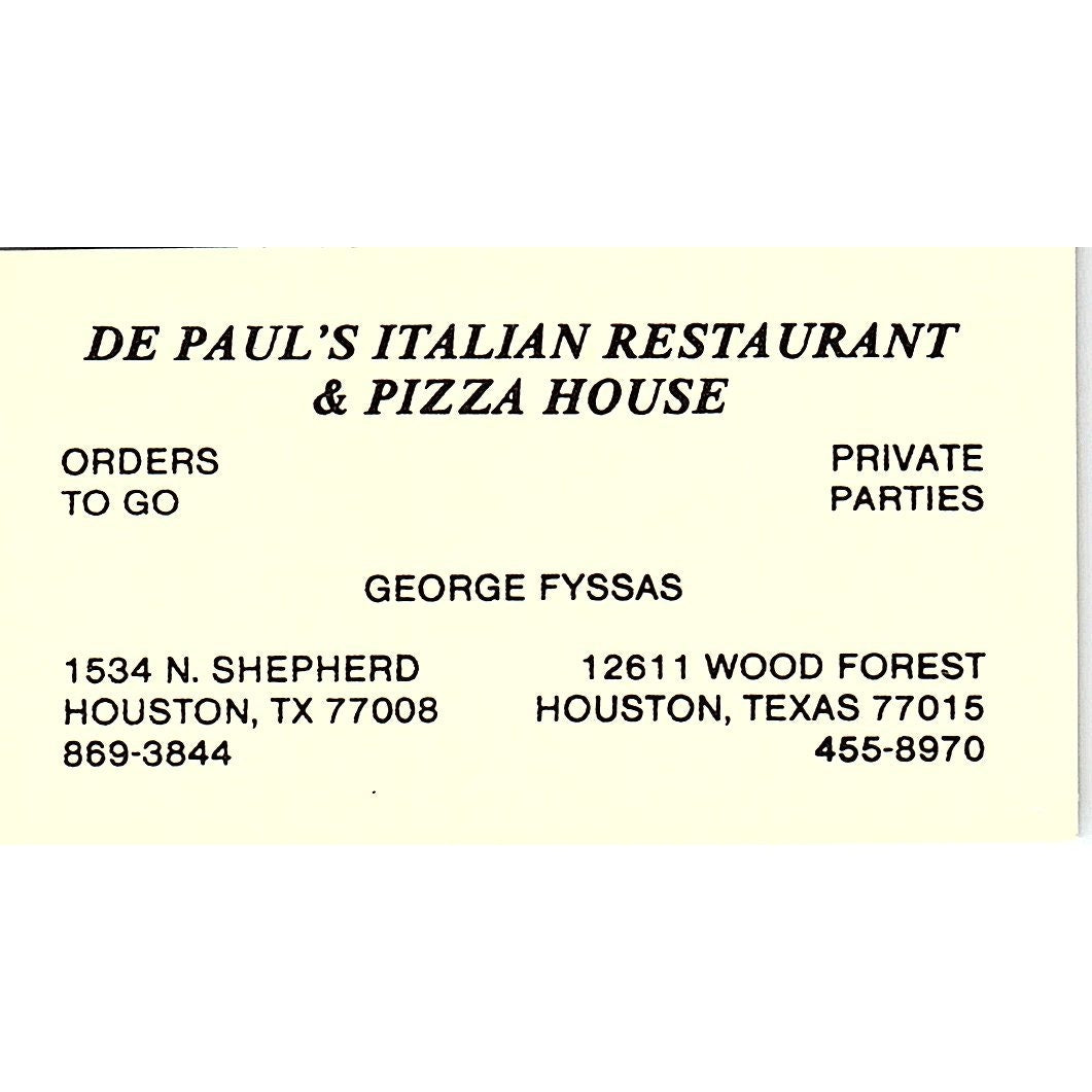 De Paul's Italian Restaurant & Plaza House George Fyssas TX Business Card SF3-B3