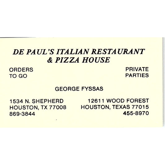 De Paul's Italian Restaurant & Plaza House George Fyssas TX Business Card SF3-B3