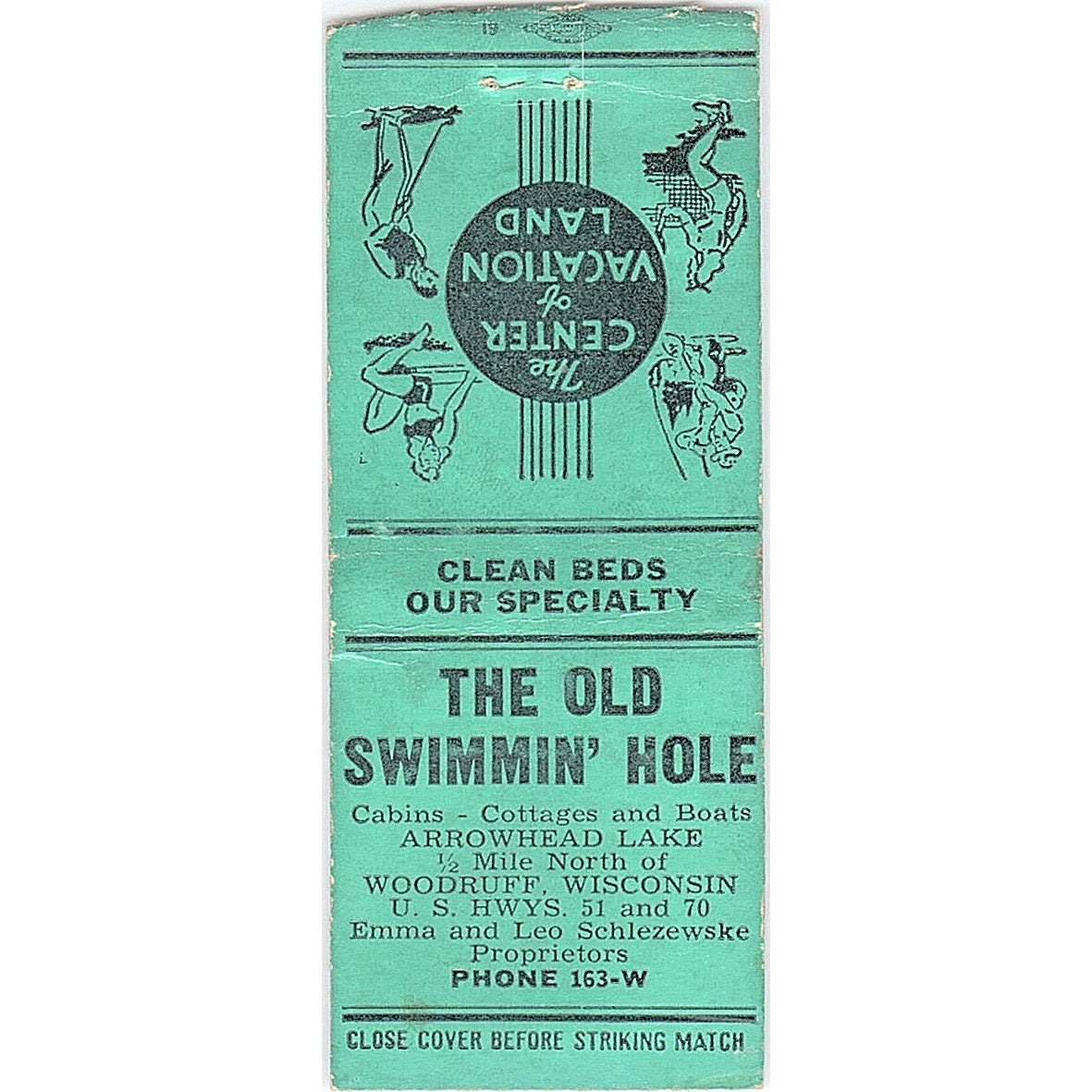 The Old Swimmin Hole Arrowhead Lake Schlezewske Woodruff Matchbook Cover SE5-Y2