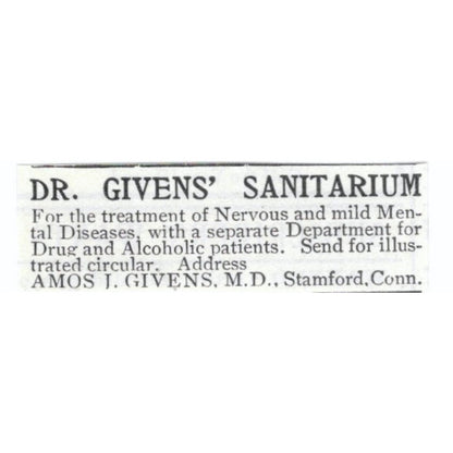 Dr. Amos J. Givens Sanitarium Stamford CT 1903 Magazine Ad AF7-SS1