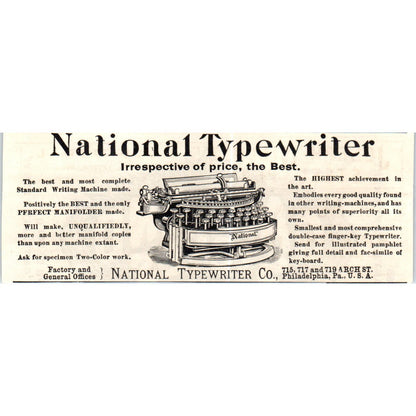 National Typewriter Co Philadelphia PA c1890 Victorian ad AE8-CH3