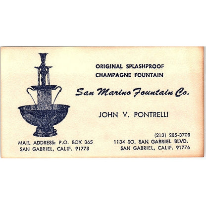 San Marino Fountain Co. John V. Pontrelli San Gabriel CA Business Card SB4-B2