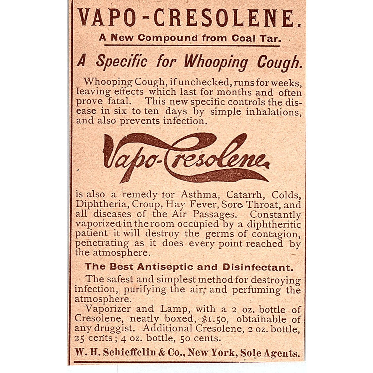 Vapo-Cresolene Asthma Remedy W.H. Schieffelin & Co NY 1892 Ad AG2-M11