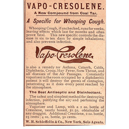 Vapo-Cresolene Asthma Remedy W.H. Schieffelin & Co NY 1892 Ad AG2-M11
