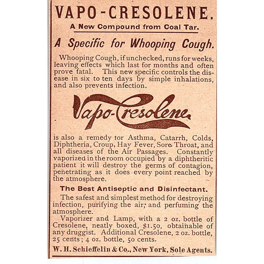 Vapo-Cresolene Asthma Remedy W.H. Schieffelin & Co NY 1892 Ad AG2-M11