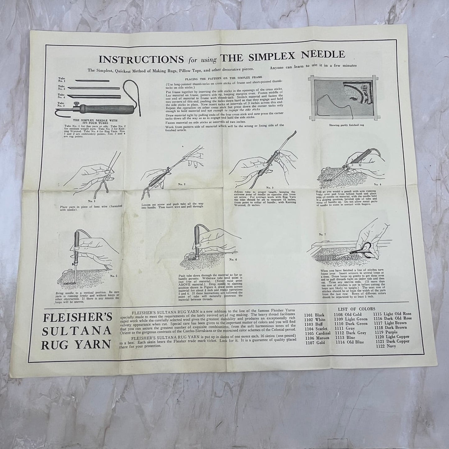 Vtg Instructions for Using the Simplex Needle Fleischer's Sultana Rug Yarn AE3