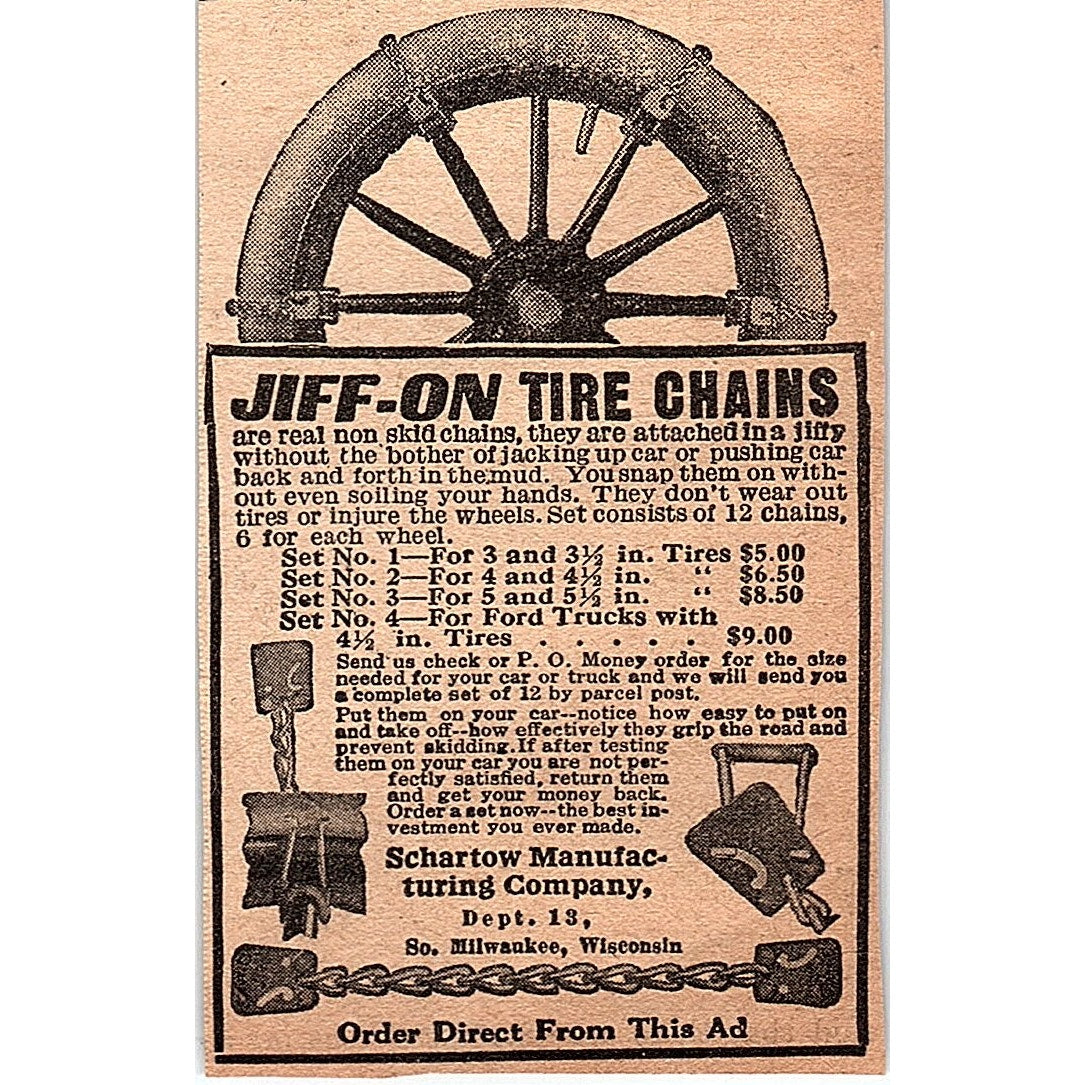 Jiff-On Tire Chains Schartow Mfg Co Milwaukee WI 1920 Ad AG2-M2