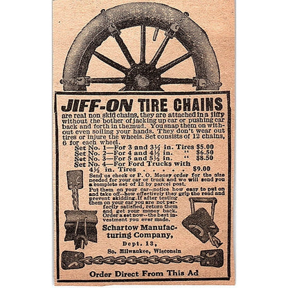 Jiff-On Tire Chains Schartow Mfg Co Milwaukee WI 1920 Ad AG2-M2