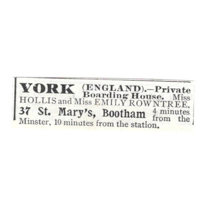 York England Boarding House 37 St. Mary's Bootham Emily Rowntree 1903 Ad AF8-S41