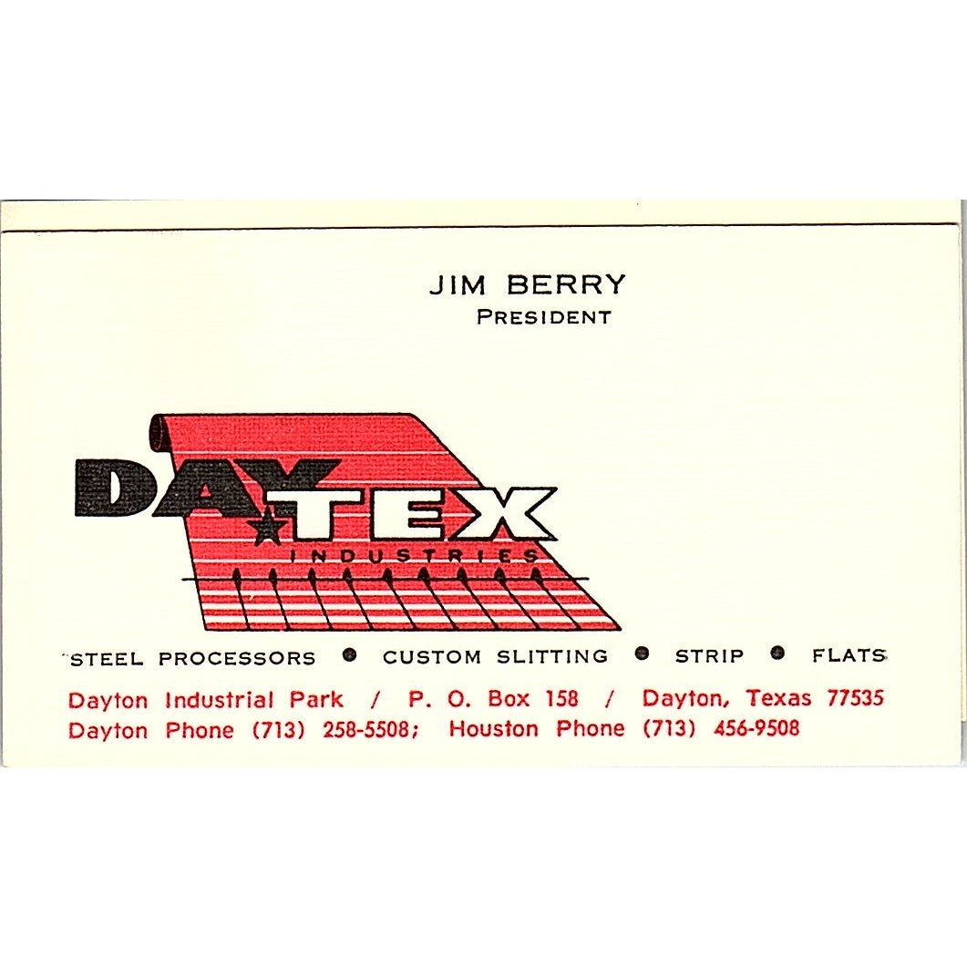 Jim Berry Day Tex Industries Houston Dayton TX Vintage Business Card SC9-B12