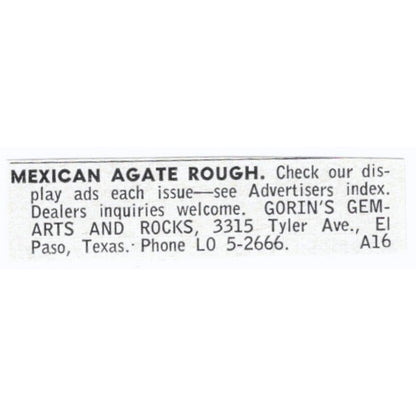 Gorin's Gem-Arts and Rocks Mexican Agate El Paso TX 1964 Magazine Ad AB6-LJS9