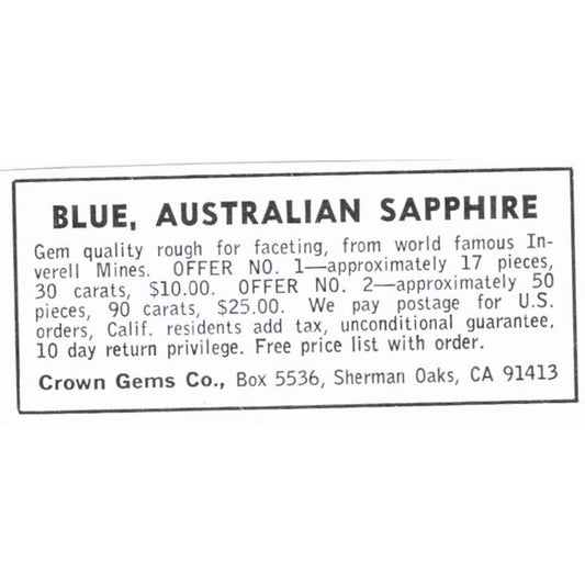 Crown Gems Co Australian Sapphire Sherman Oaks California 1972 Ad AF8-S4