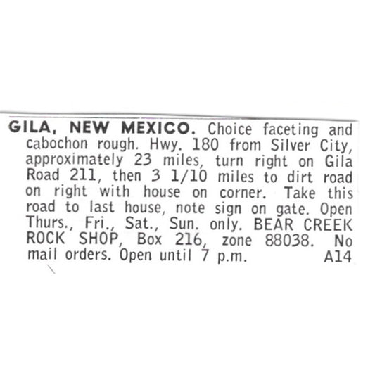 Bear Creek Rock Shop Gila New Mexico 1972 Ad AF8-S11
