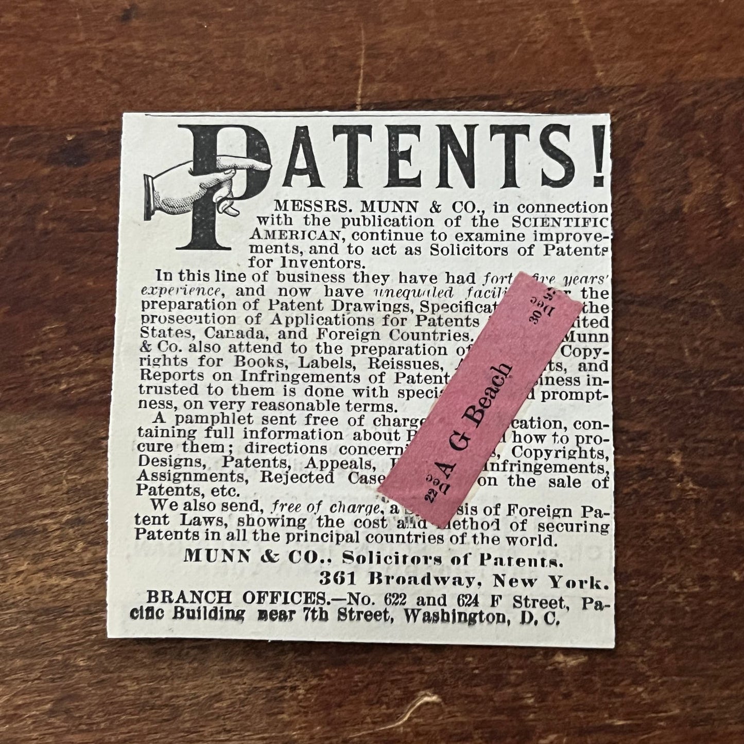 Messrs. Munn and Co. Solicitors of Patents Original Advertisement AD8-P29