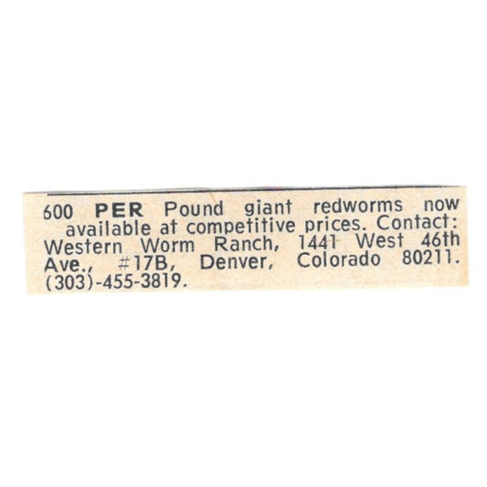 Western Worm Ranch Giant Redworms Denver CO 1977 Ad AF6-S5