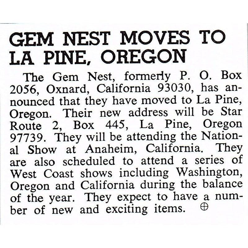 Gem Nest Moves to La Pine Oregon 1972 Ad AF8-M1
