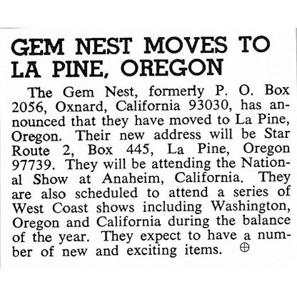 Gem Nest Moves to La Pine Oregon 1972 Ad AF8-M1