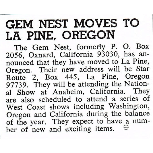 Gem Nest Moves to La Pine Oregon 1972 Ad AF8-M1
