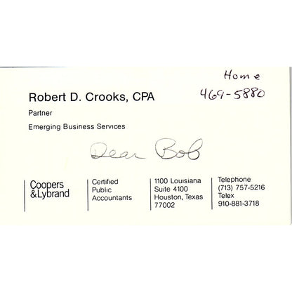 Robert D Crooks Coopers & Lybrand CPA Houston Vintage Business Card SD9-B1