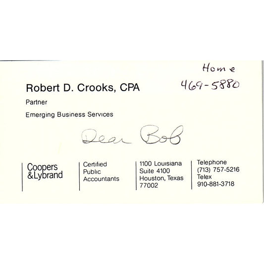 Robert D Crooks Coopers & Lybrand CPA Houston Vintage Business Card SD9-B1