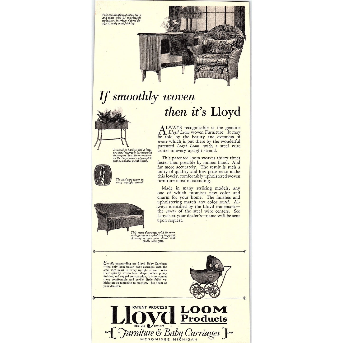 Lloyd Loom Products Furniture & Baby Carriages Menominee MI Ad 1927 AG3-6