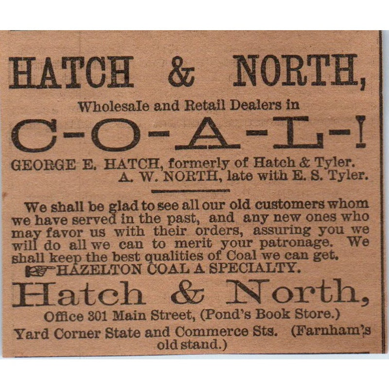 George E. Hatch & A.W. North, E.S. Tyler Coal Hartford 1886 Newspaper Ad AF7-E5