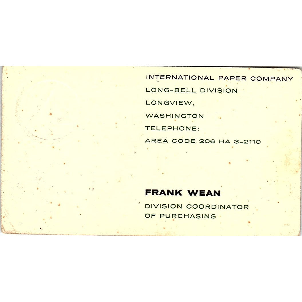 Frank Wean International Paper Co Longview WA Vintage Business Card SD9-B4