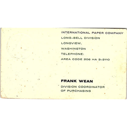 Frank Wean International Paper Co Longview WA Vintage Business Card SD9-B4