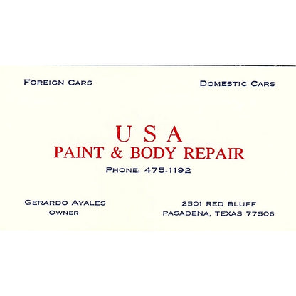 Gerardo Ayales USA Paint & Body Repair Pasadena TX Vintage Business Card SE3-B14