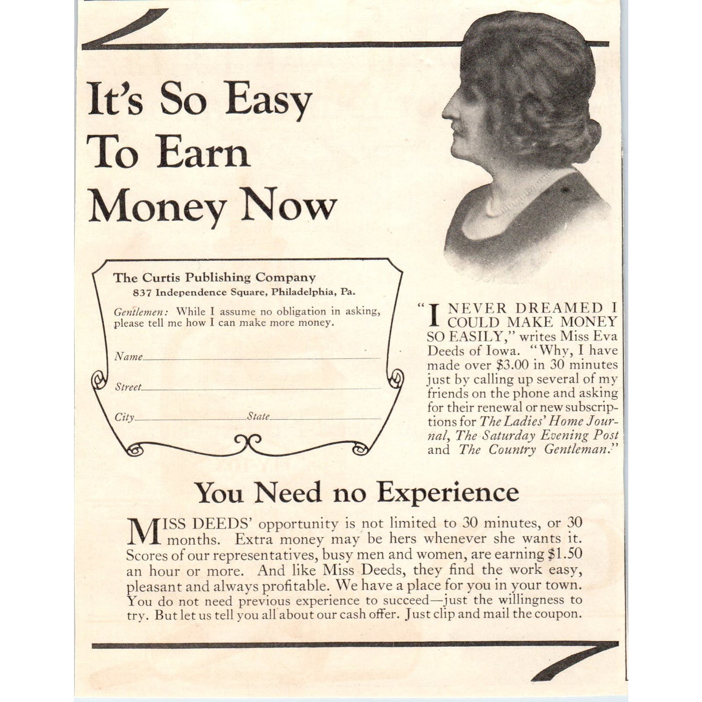 Earn Extra Money The Curtis Publishing Co Philadelphia 1924 Magazine Ad AF7-LJ1