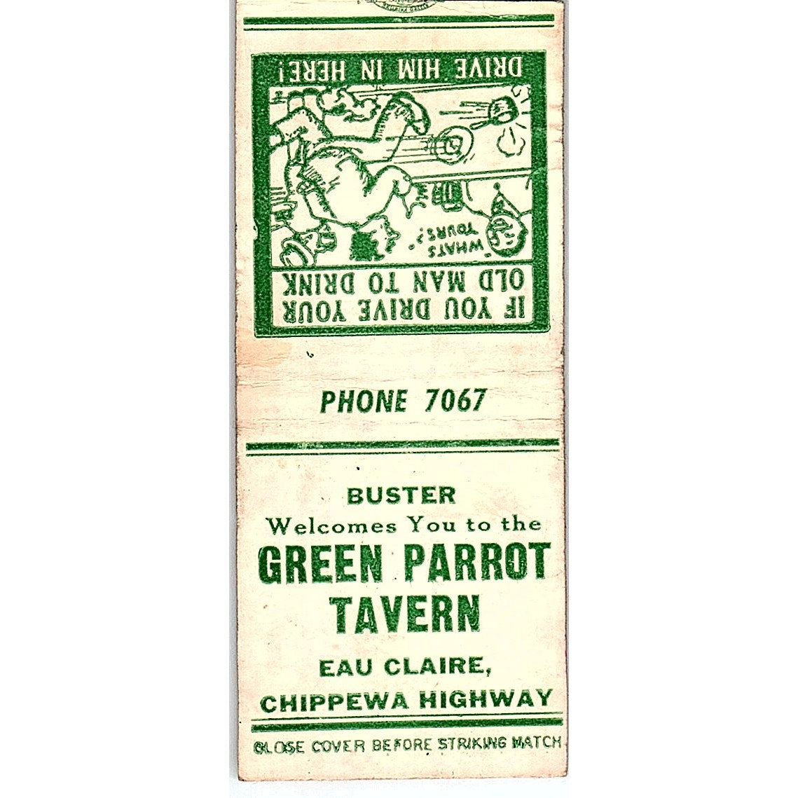 Green Parrot Tavern Buster Eau Claire WI Vintage Matchbook Cover SC7-Y11