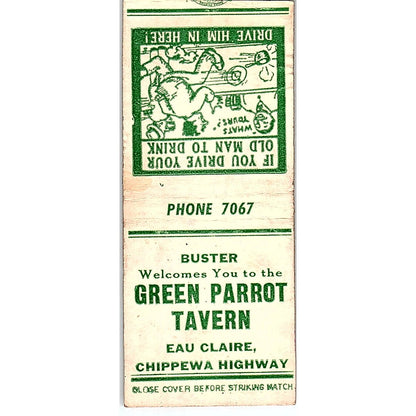 Green Parrot Tavern Buster Eau Claire WI Vintage Matchbook Cover SC7-Y11