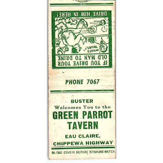 Green Parrot Tavern Buster Eau Claire WI Vintage Matchbook Cover SC7-Y11