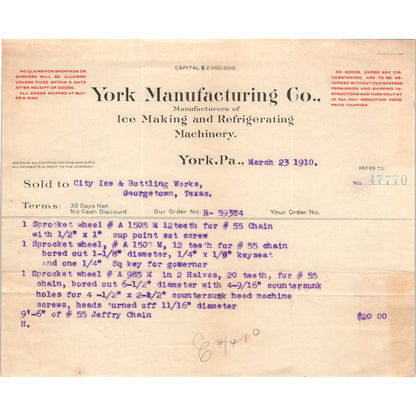 1910 York Manufacturing Co Ice Making York PA Billhead Letterhead D17