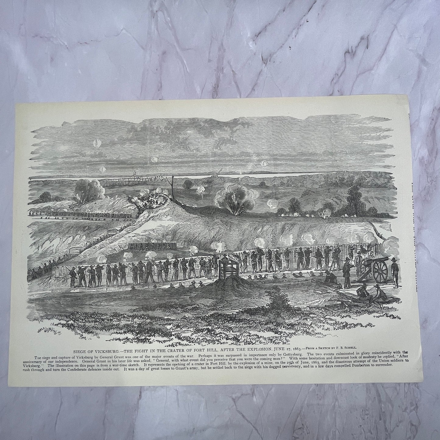 Siege of Vicksburg Fight in Crater of Fort Hill 1890s Engraving V14-6