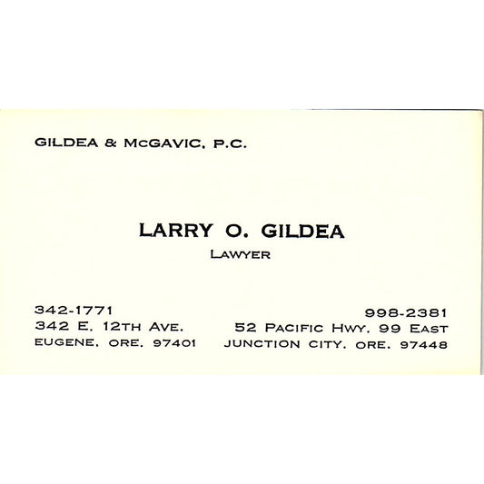 Larry O Gilda Lawyer Junction City OR Vintage Business Card SE3-B12