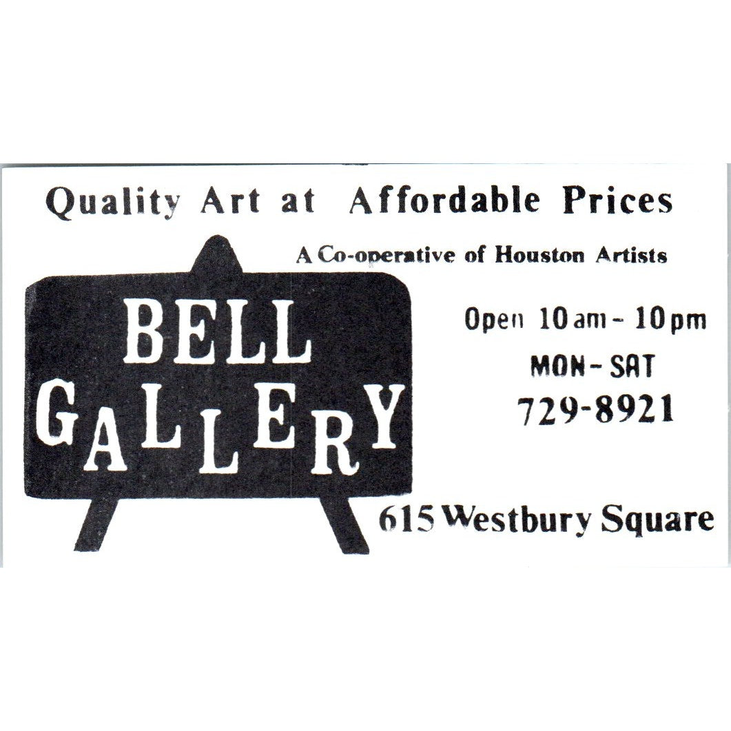 Bell Gallery Art 615 Westbury Square Houston TX Vintage Business Card SE3-B6