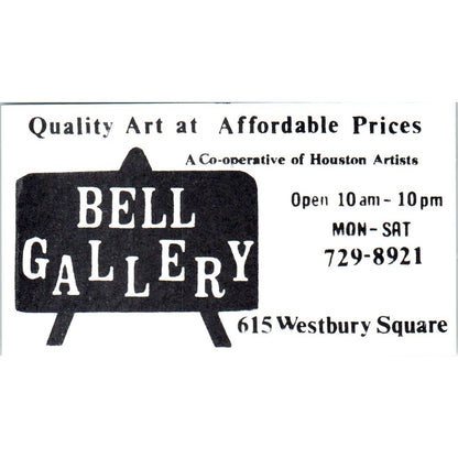 Bell Gallery Art 615 Westbury Square Houston TX Vintage Business Card SE3-B6