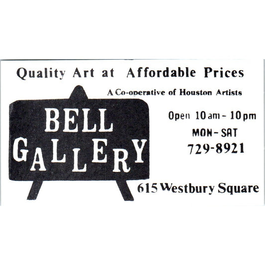 Bell Gallery Art 615 Westbury Square Houston TX Vintage Business Card SE3-B6