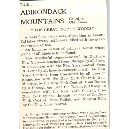 Adirondack Mountains Travel George H. Daniels 1897 Victorian Ad AE9-TS10