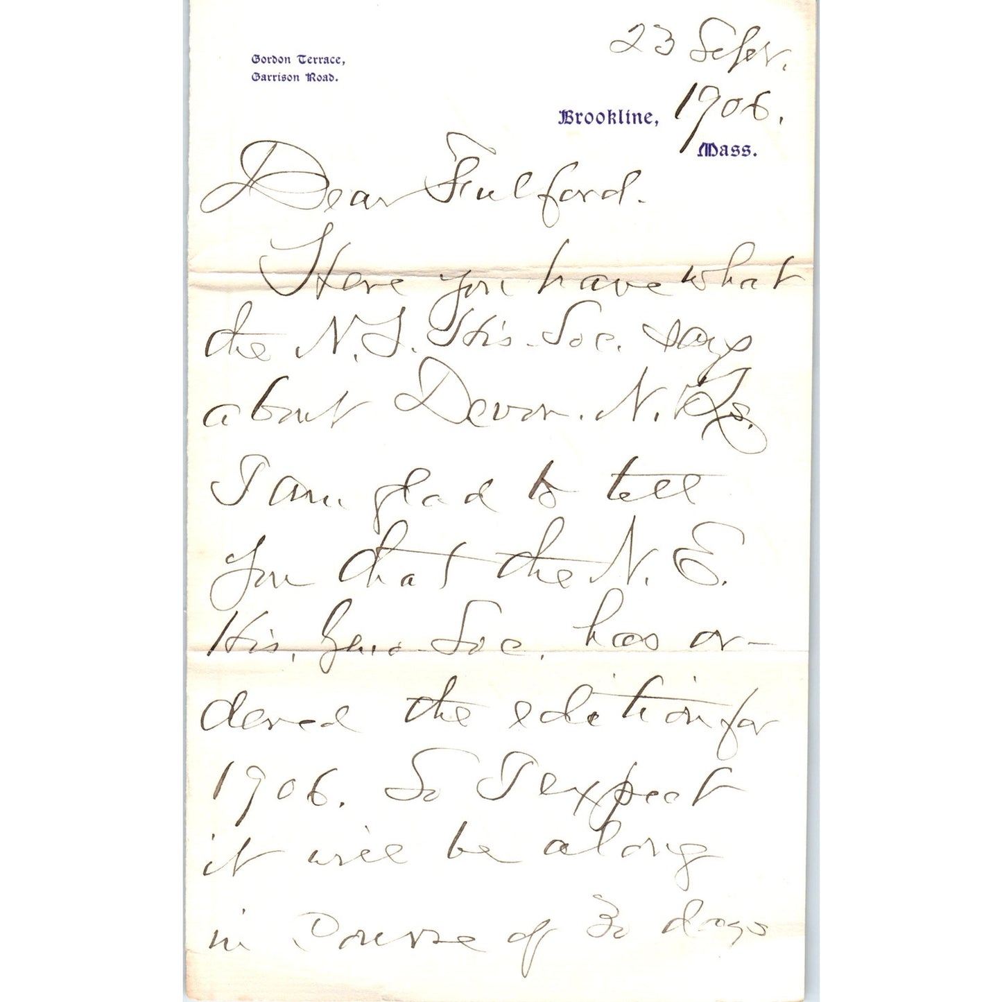 1906 Handwritten Letter Gordon Terrace Brookline MA - A.A. Filson D21