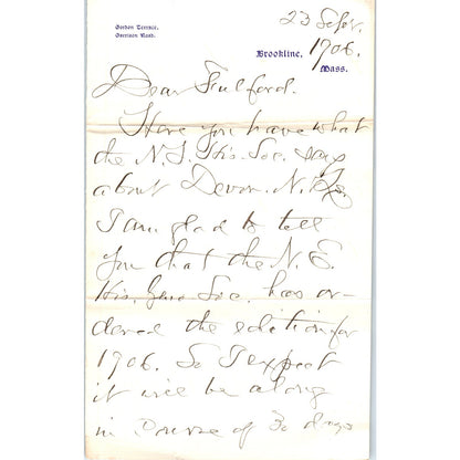 1906 Handwritten Letter Gordon Terrace Brookline MA - A.A. Filson D21