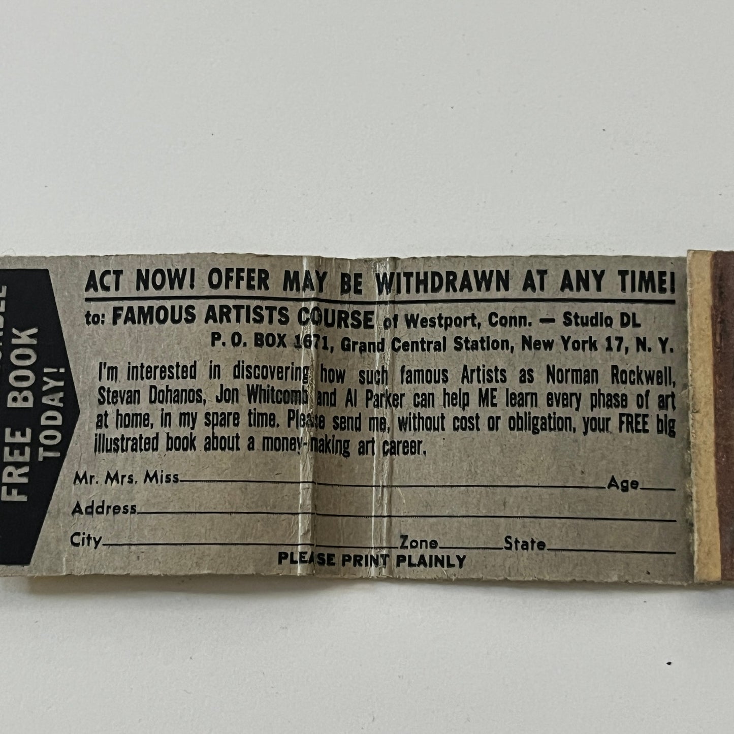 The Famous Artists Course Westport CT Vintage Matchbook Cover TB6-MB1-3